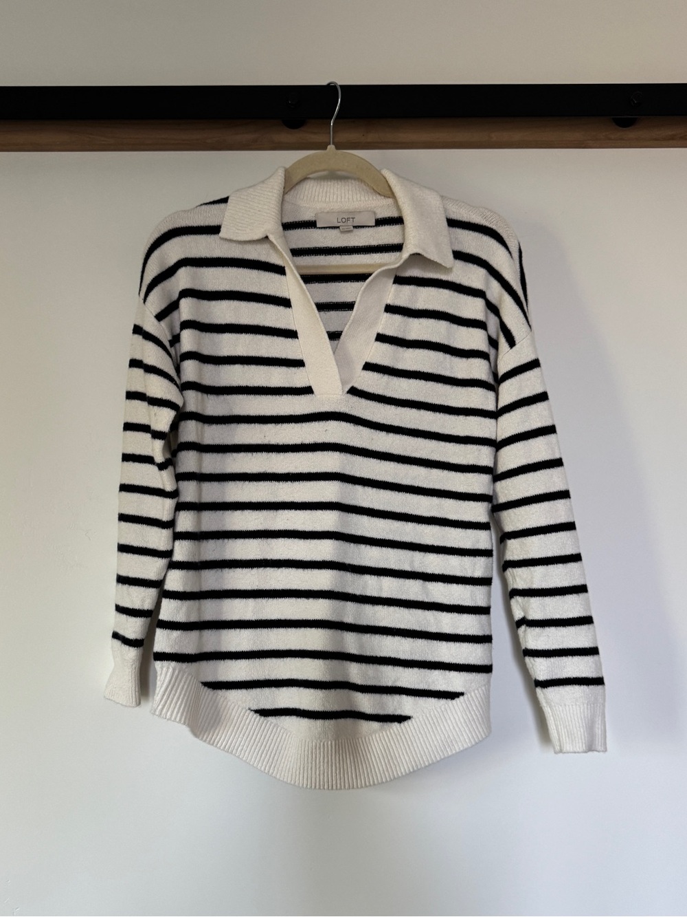 LOFT White V-Neck Polo Sweater with Black Stripes